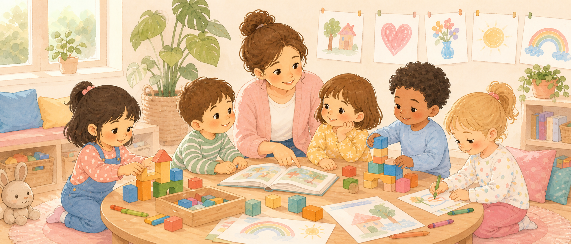 A family daycare educator and children reading, building blocks, and drawing together
