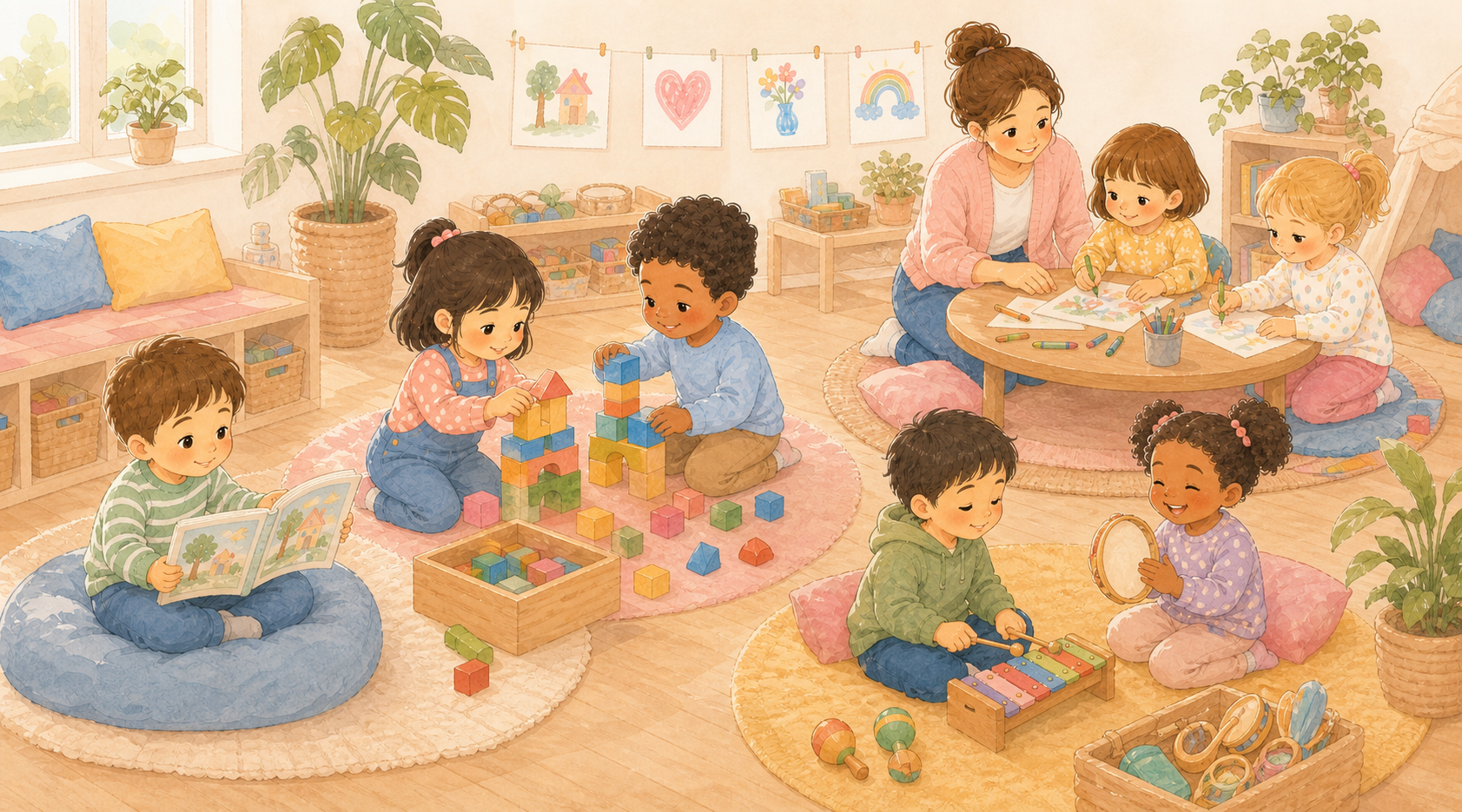 Twelve children reading, drawing, and playing with blocks together