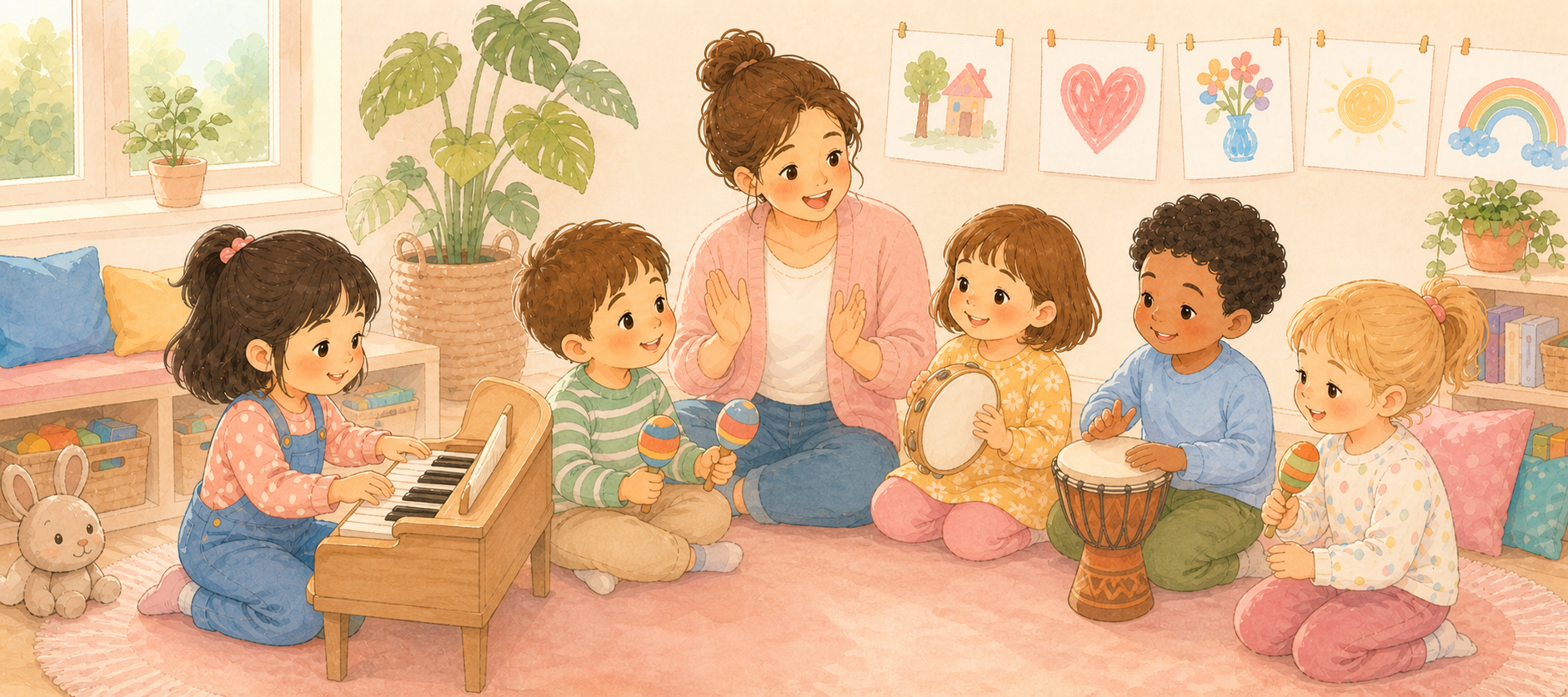 Children play piano, sing, and play a hand drum